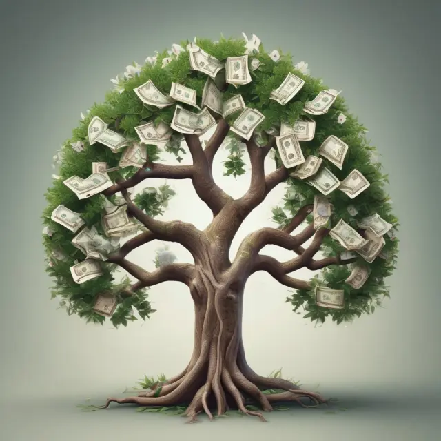 A tree symbolizing financial security grows from a pot, its roots representing emotional wellbeing and growth, while leaves bloom with wealth psychology