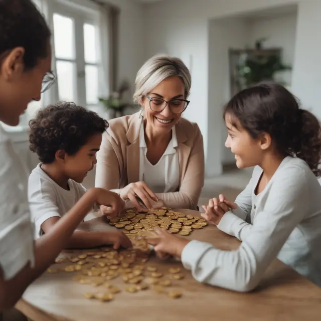 A wealth psychologist facilitates a family meeting, where gold coins symbolize wealth transfer and intergenerational communication.