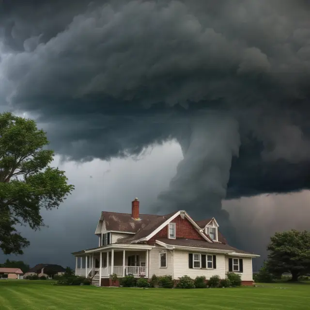 Stormy sky depicts insurance debate: A tornado damaging a worn-out, leaking roof showcasing the challenge of determining whether damage is primarily due to natural deterioration or a covered peril
