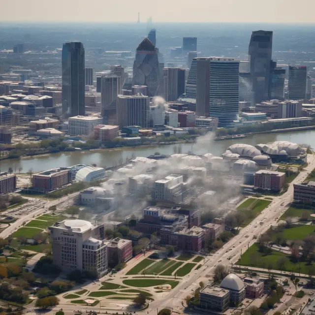 A protective shield made of wearable sensors hovering above Louisville cityscape, displaying real-time air quality data
