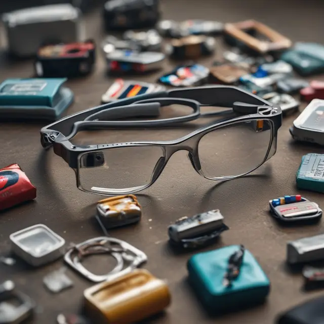 An image of a lone Google Glass among forgotten gadgets, symbolizing societal rejection of the wearable tech.