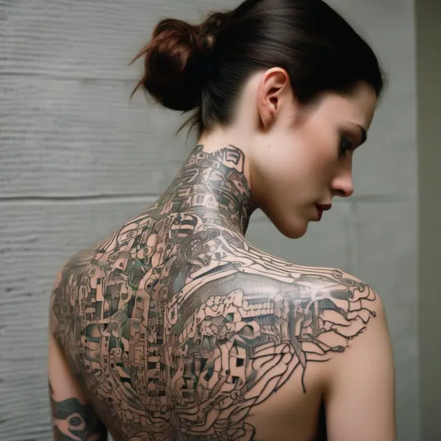 Living skin transitions to reveal intricate tattooed circuits, symbolizing smart tattoos and their advanced features.