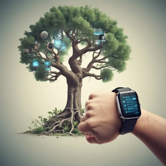 An elderly person wearing a smartwatch and exoskeleton, with a digital tree growing from their heart, representing technological advancements enhancing mobility and vitality