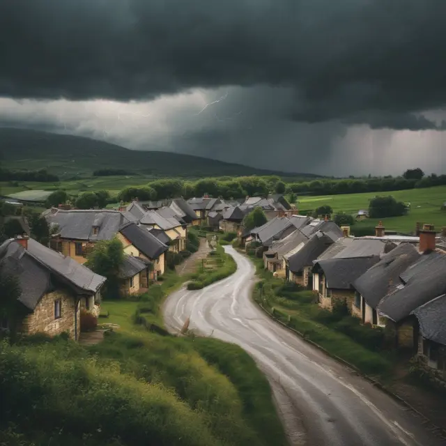 A serene village under stormy skies with an umbrella symbolizing protection from weather insurance