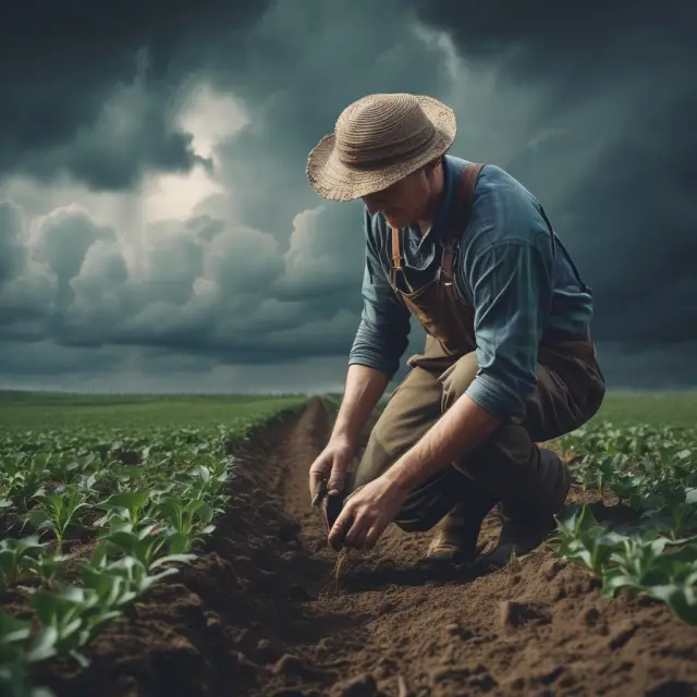 Farmer planting insurance seeds as stormy clouds gather, depicting the significance of weather insurance in managing unpredictable climate risks.