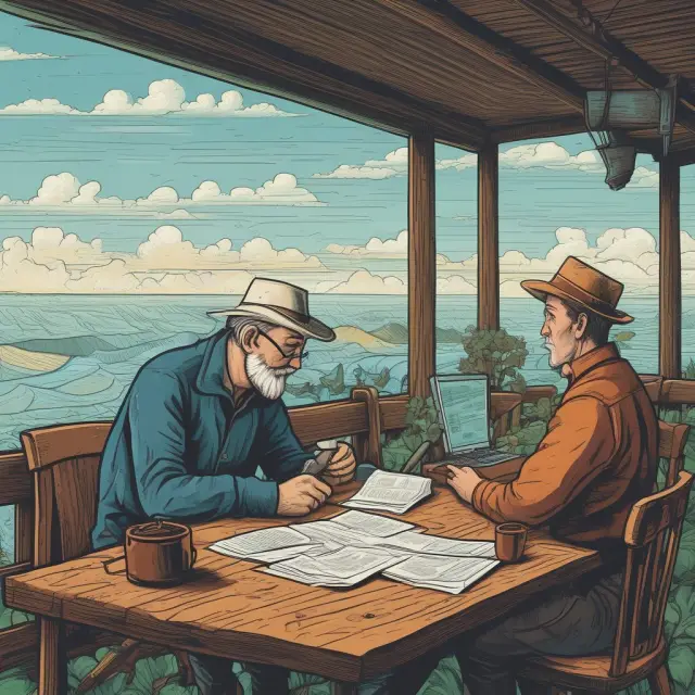 A farmer discusses weather derivatives with a meteorologist amidst charts, graphs, and data, symbolizing the combination of agriculture, meteorology, and financial risk management.