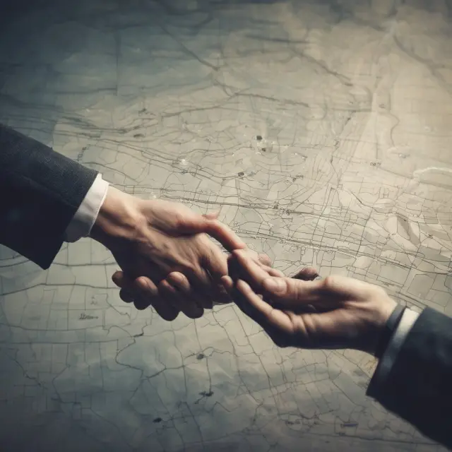 Two people shaking hands over a weather map, symbolizing the creation of a weather derivative contract to manage risk due to adverse weather conditions.