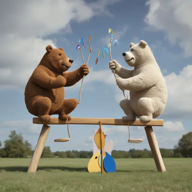 A weather bull and bear on a seesaw illustrate the balancing of weather risk management through traditional insurance and derivatives.