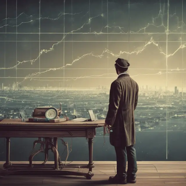 An image of a time traveler admiring a timeline depicting the evolution of weather derivatives from insurance to finance, with key milestones marked.