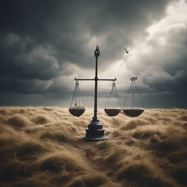 Institutional investors assessing key factors for investing in weather derivatives on a balancing scale against weather risks and returns, amidst wind representing market trends