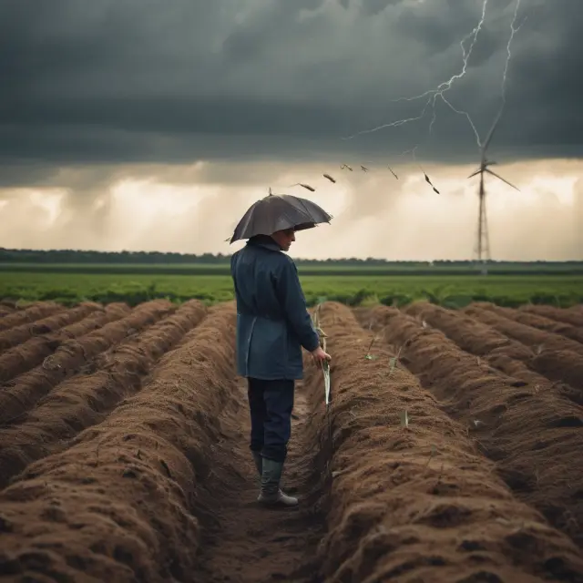 An image depicting weather futures as seeds, growing into a strong tree during turbulent weather conditions, symbolizing risk mitigation for temperature-sensitive industries
