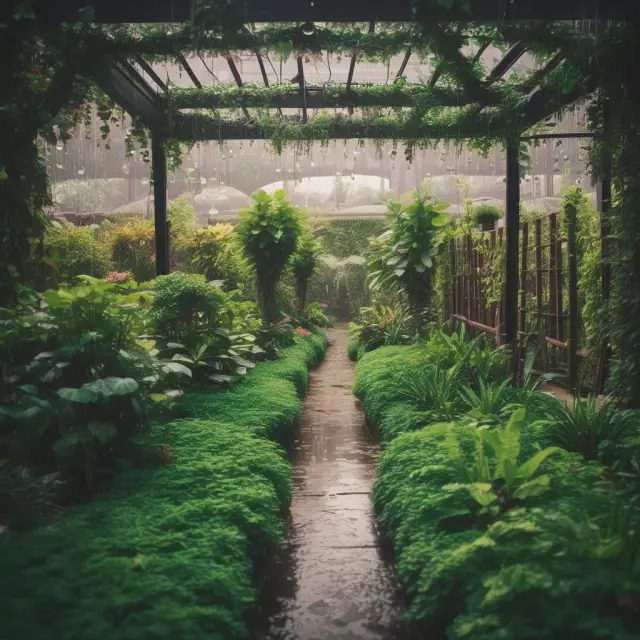 Lush garden thriving with economic raindrops representing weather futures, symbolizing industry growth