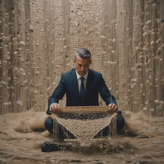 Businessman weaving a tapestry with temperature index threads for hedging against financial losses