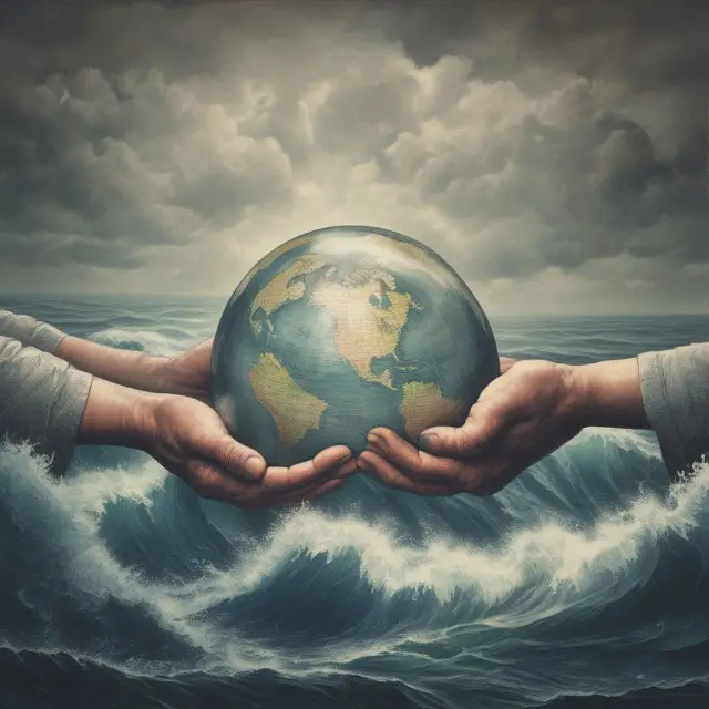 Two hands stabilize a globe amidst stormy seas, representing the use of weather futures to secure financial stability during unpredictable weather conditions
