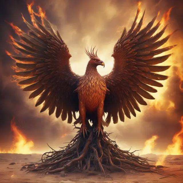 A phoenix rising above an old web stack, representing the emergence of Web 3.0