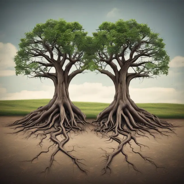 Visualization of two trees sharing roots and branches to illustrate the concept of web syndication and its role in link building