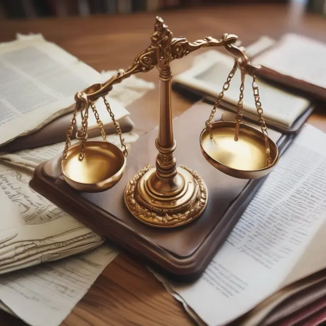 A balanced scale holds digital content represented as files, with a parchment contract symbolizing licensing agreements. The scales