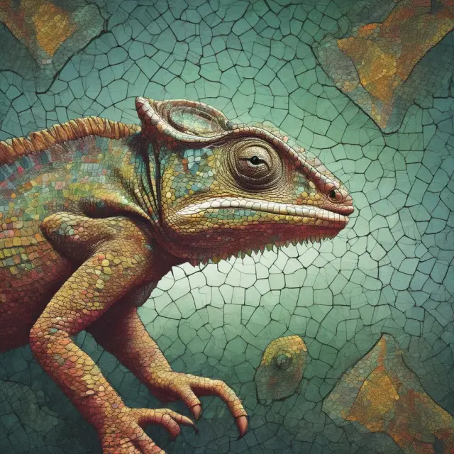 A chameleon changes color, representing the unique blend of features from both closed-end and open-end funds in a global stock mosaic