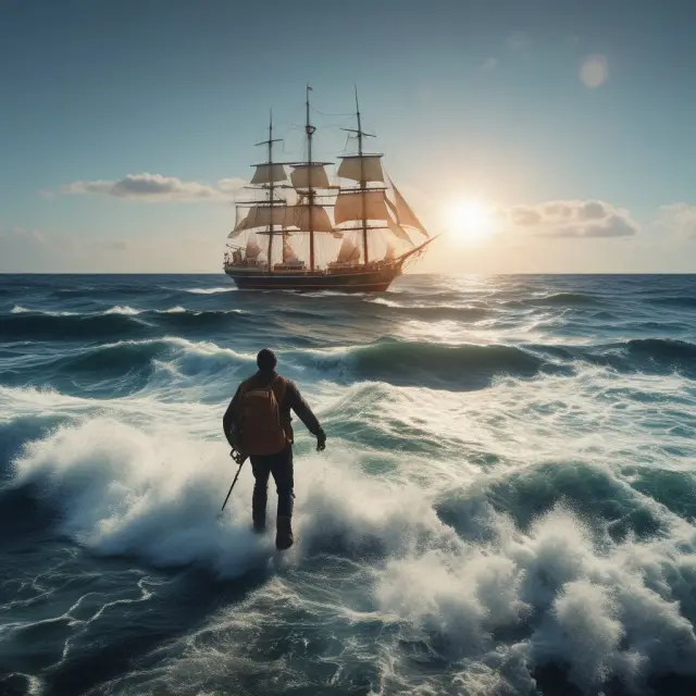 A navigator sailing a ship through stormy waters, symbolizing the challenges of investing in emerging markets. Keywords: navigator, emerging markets, risks, challenges, investment.