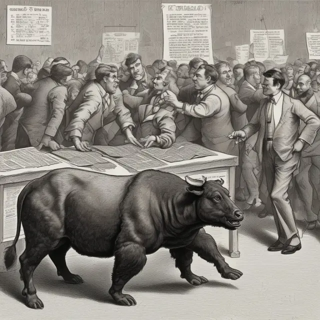 A visualization of the weekend effect: Bulls (optimistic investors) and Bears (pessimistic investors) dancing around a grand table, with bulls dominating Fridays and bears leading Mondays