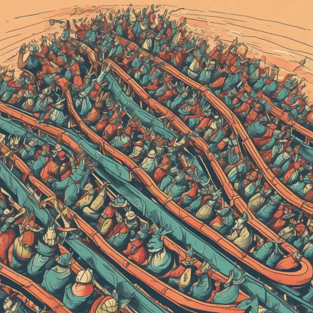 An image depicting a group of people riding a rollercoaster with fluctuating stock charts. This scene illustrates the weekend effect and human irrational behavior in financial markets.