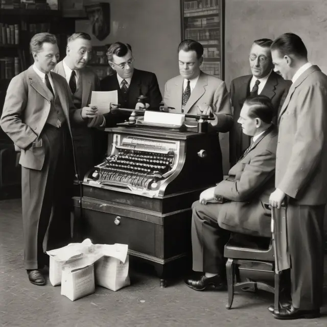 Historical scene with weekly premium insurance agents collecting payments from workers at a vintage cash register