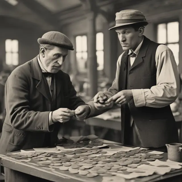 Old factory worker and insurance agent: Weekly premium exchange for industrial life insurance