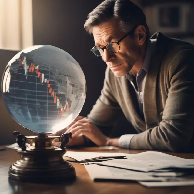 Investor studying weekly charts displayed in a crystal ball for long-term trend analysis