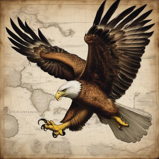 An eagle flying above, looking at weekly stock charts to assess market patterns and trends.