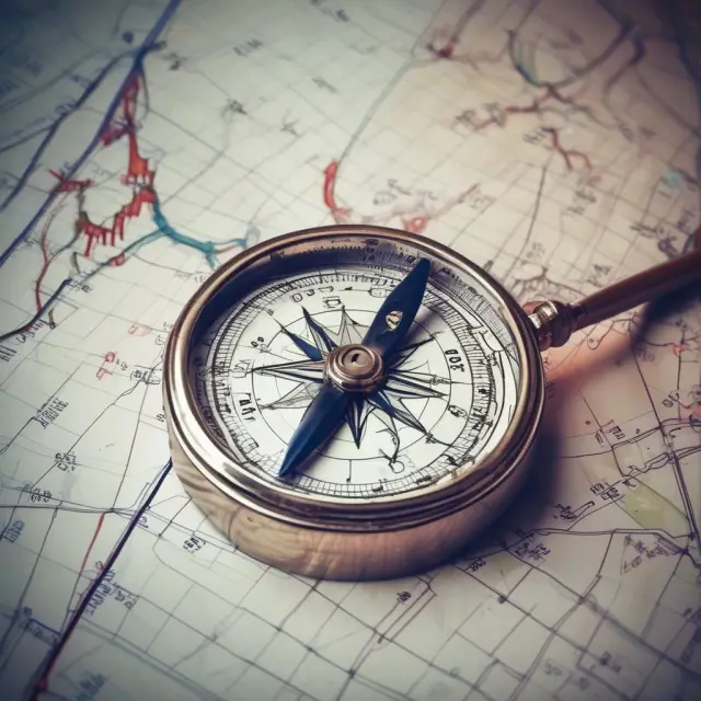 Compasses with moving averages and MACD pointers guiding long-term trend analysis on a weekly stock chart