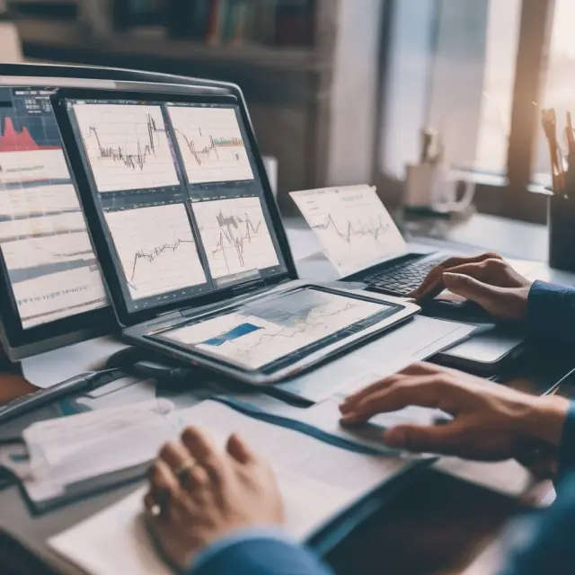 An institutional investor analyzing a desktop filled with weekly and monthly charts, with moving averages highlighted to illustrate trends
