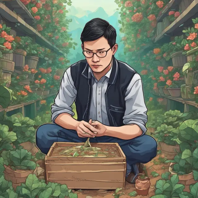 Wei Dai (a gardener) plants seeds representing his ideas in an Ethereum garden, symbolizing the impact of his work on smart contracts and smallest unit, Wei.
