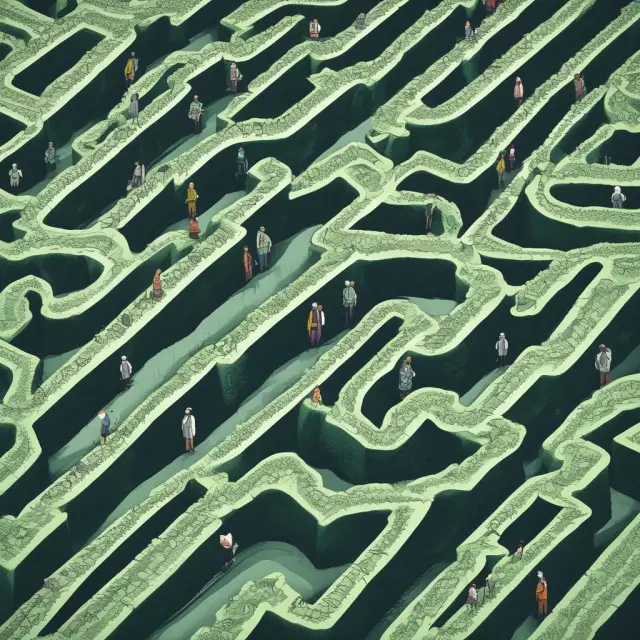 An investor standing before a tangled maze of financial streams, weighing factors such as WART and other metrics to optimize their fixed-income portfolio