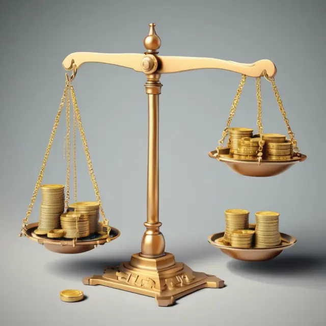 Golden scales with coins representing investments and gears for calculation, illustrating Weighted Average Cost of Capital.