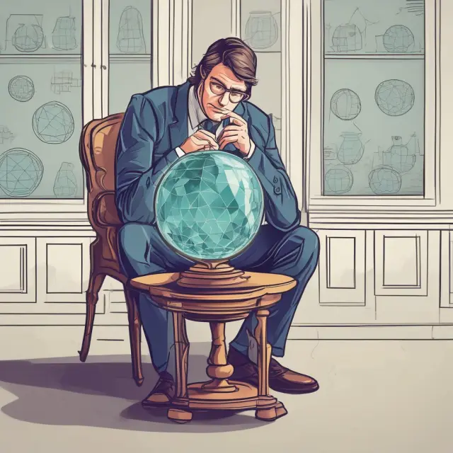 A wise investor examines a crystal ball containing swirling blue (positive) and red (negative) weighted alphas, illustrating informed decision-making based on past and recent security performance.