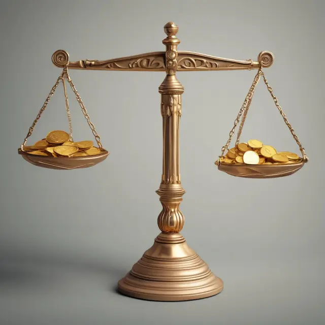 Image of a set of scales with gold coins representing financial data balanced by corresponding weights symbolizing importance