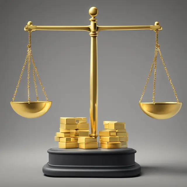 Golden scale with assigned weights for data points, illustrating a weighted average calculation in finance.