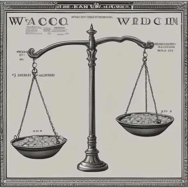 Two scales with weights representing stocks (equity) and bonds (debt), balanced by the Weighted Average Cost of Capital (WACC)