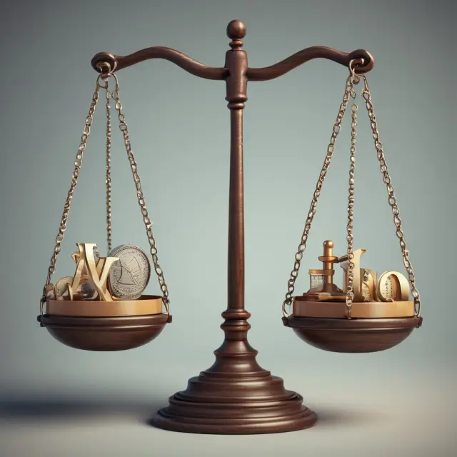 A balanced scale represents weighted averages, with gold coins representing data points and assigned weights to ensure accurate financial analysis.
