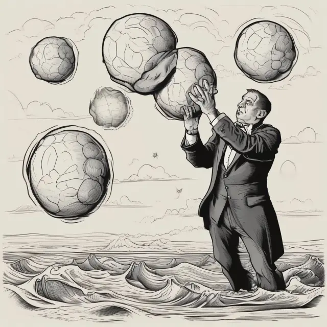 A balanced bond fund with various crystal balls symbolizing different credit ratings amidst a sea of uncertainty