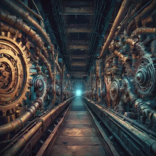 A visual representation of the transition from traditional industrial economy to the weightless economy, symbolized by gears melting into pixels.