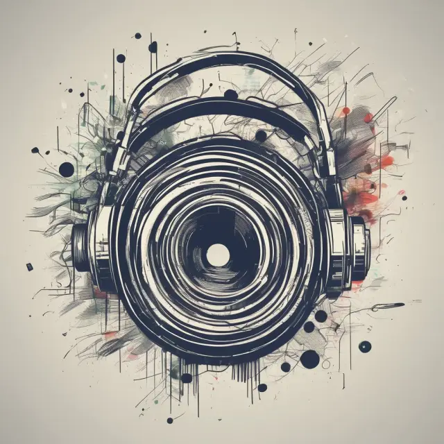 An orchestra conductor leading digital waves and physical sheet music, symbolizing the merging of old and new in the music industry.