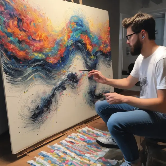 An artist paints on a canvas as streaming music waves flow around it, symbolizing the digital economy, with numerous followers interacting in the foreground