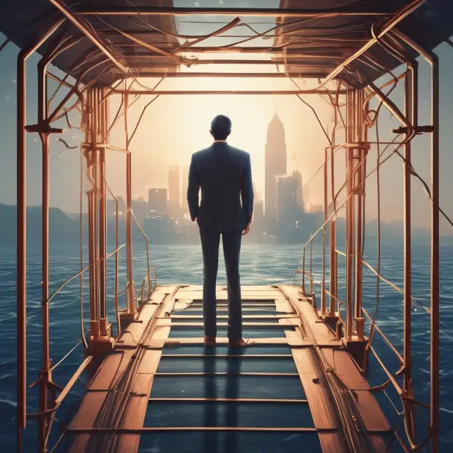 An entrepreneur standing on a digital bridge, releasing ideas into the sea of opportunities within the weightless economy