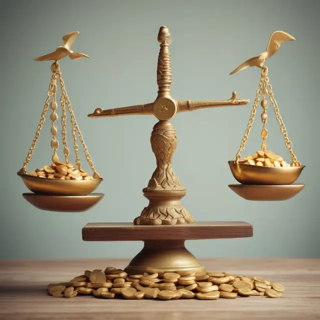 A seesaw balancing gold coins and bags of grain, representing the delicate balance between taxes and economic growth in society