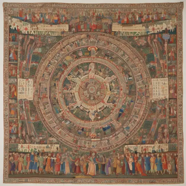 An intricately woven tapestry depicting healthcare, education, housing, and social support services coming together to represent the functions of a welfare state.