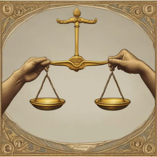 Image depicts a large, intricately designed ancient scale with golden hands adjusting welfare policies for society and economy.
