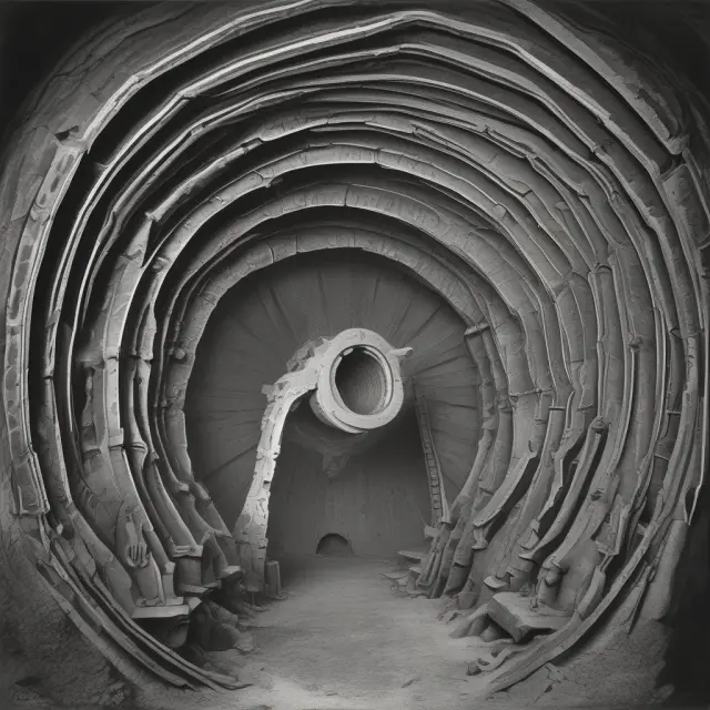 Image of a steel casing and cement liner encased in a time machine, representing the evolution of wellbore construction techniques throughout history