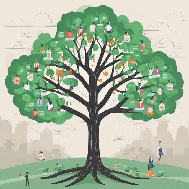 Corporate wellness program: Employees under a flourishing tree, symbolizing lowered insurance costs, improved work/life balance, & health.