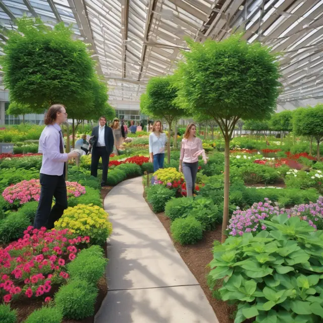 A flourishing corporate garden with employees engaging in wellness activities, representing effective workplace wellness programs that foster financial growth and employee health